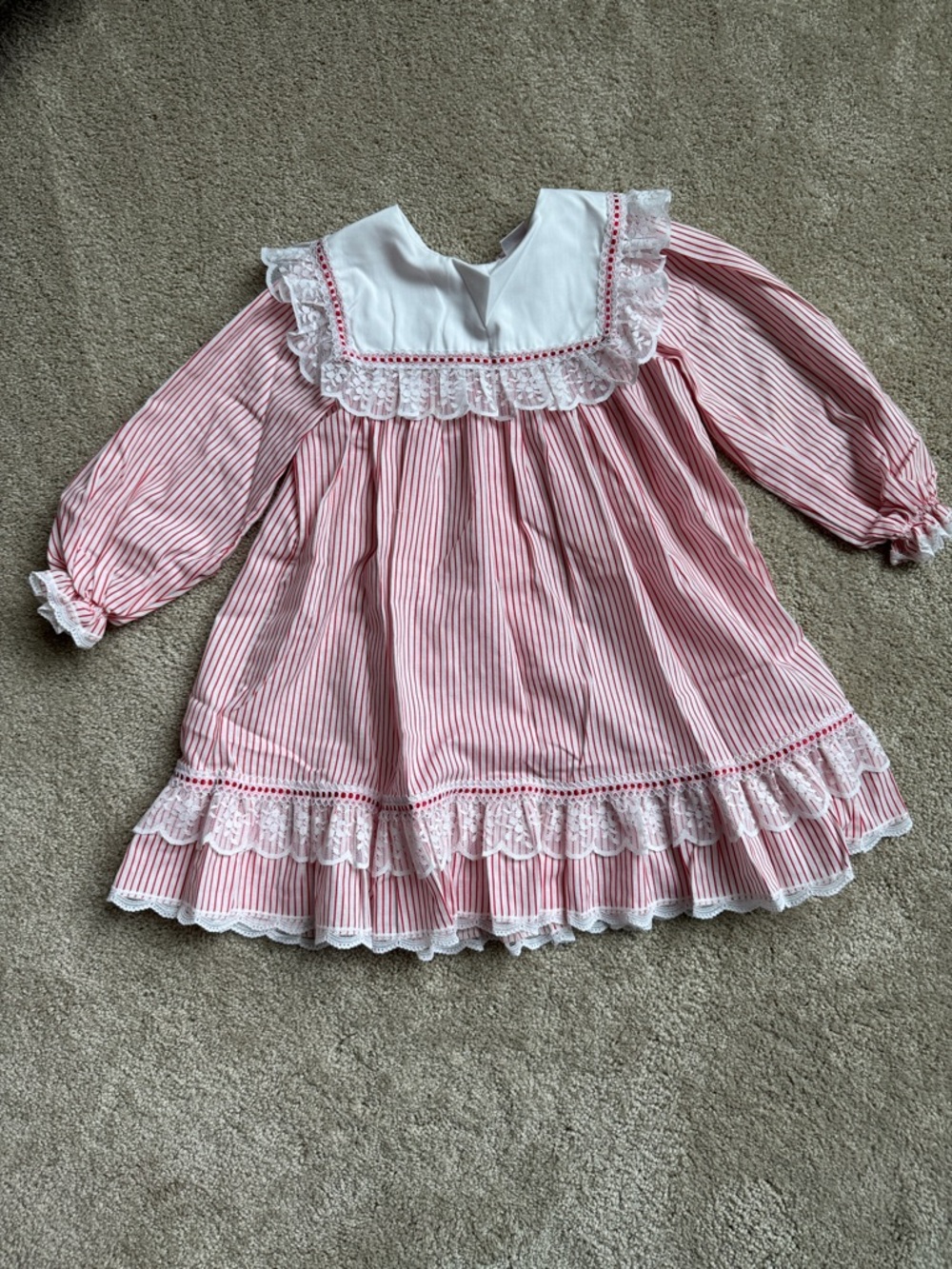 Vintage Girls Red & White Striped Lace Collar Dress